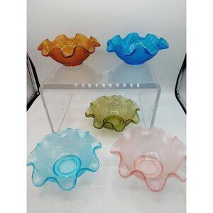 Set Of 5 Vintage MCM Ruffled Edge Glass Bowls In Assorted Colors Textured Design